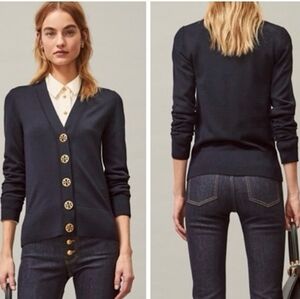 Tory Burch Simone Merino Wool Logo Button Cardigan Sweater Quiet Luxury SzM Navy